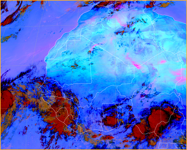 Dust RGB (standard EUMETSAT algorithm).